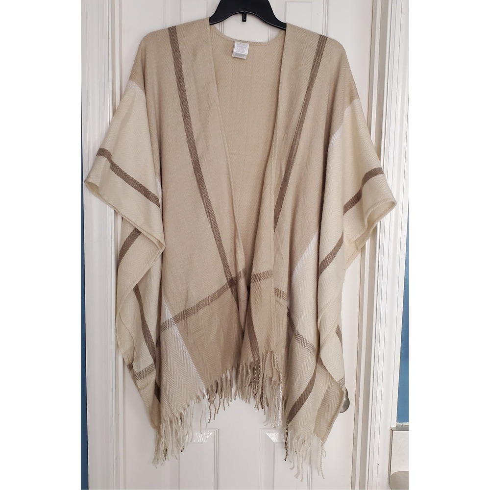 Woolrich Green Label‎ Collection Tan Herringbone Plaid Fringe Wrap Poncho OS